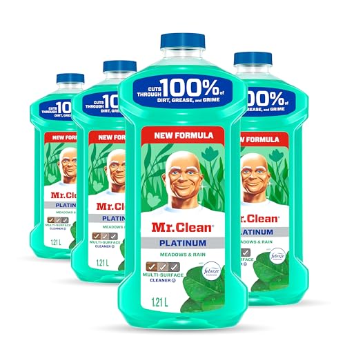 Mr Clean All Purpose Cleaner, Floor Cleaner for Mopping Home, Bathroom, & Kitchen, Cleaning Liquid for Mop & Bucket, Cleaning Supplies, Multi-Surface Dilutable, Meadows & Rain, 4.84L (pack of 4)