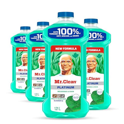 Mr Clean All Purpose Cleaner, Floor Cleaner for Mopping Home, Bathroom, & Kitchen, Cleaning Liquid for Mop & Bucket, Cleaning Supplies, Multi-Surface Dilutable, Meadows & Rain, 4.84L (pack of 4)