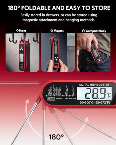 Digital Meat Thermometer with Folding Probe, Instant Read Food Thermometer, 4-Second Fast Accurate Thermometer with Large LCD Display for Cooking Kitchen BBQ