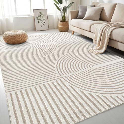 5x7 Area Rugs for Living Room: Boho Washable Soft Nursery Rug Geometric Jacquard Textured Non Slip Baby Girl Rug Carpets for Bedroom Nursery Dining Room Home Office - Beige