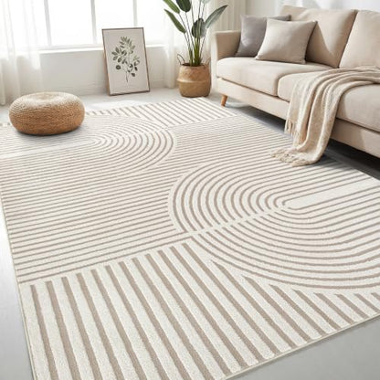 5x7 Area Rugs for Living Room: Boho Washable Soft Nursery Rug Geometric Jacquard Textured Non Slip Baby Girl Rug Carpets for Bedroom Nursery Dining Room Home Office - Beige