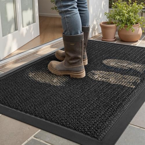 Front Door Mat Outdoor Mats for Entrance Dirt Trapper Doormat Welcome Mat Heavy Duty Non Slip Rubber Entry Mats for Outside Indoor Black 43X75cm
