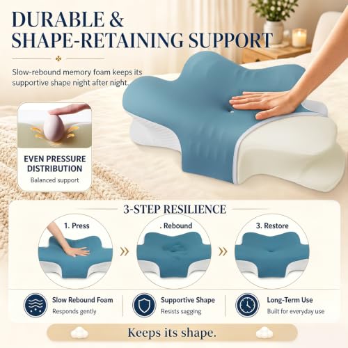 Cervical Neck Pillow for Neck and Shoulder Pain Relief, Ergonomic Memory Foam Contour Pillow with Armrest Grooves, Cooling Washable Cover & Dual-Height Support for Side and Back Sleepers