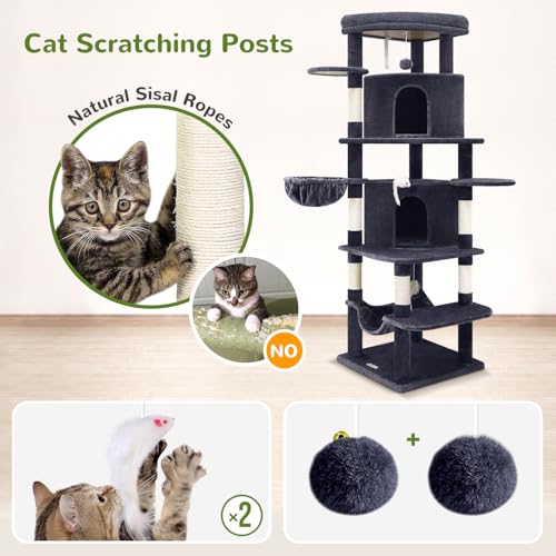 Globlazer Corner Stable Cat Tree Tower for Indoor Large Cats, Dark Grey | 66in Tall Curved Series Large Cat Condo with 6 Sisal Scratching Posts, 2 Spacious Caves, Large Hammock, Hanging Basket, C66