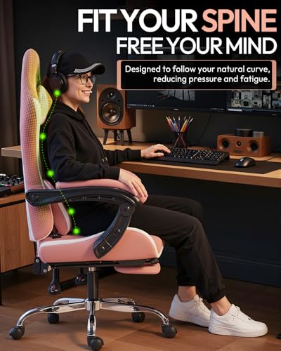Ergonomic Gaming Chair with Footrest, Heavy Duty 330lbs Office Chair, Massage Lumbar Support, Adjustable Height & Headrest Pillow, Comfortable for Back Pain Relief, Streaming, Long Gaming, Pink