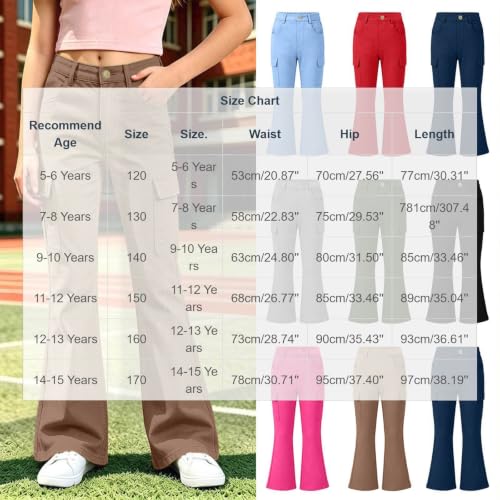 Girls Cargo Pants School Uniform Flare Pants High Waisted Trousers Khaki