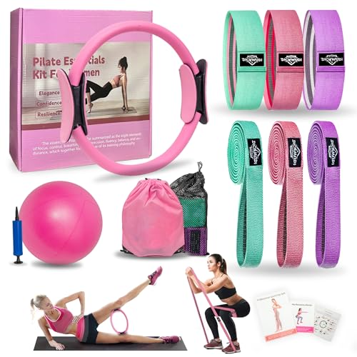 DICYWUDI Pilates Essentials Kit for Home Women, Pilates Equipment for Workouts, 6 Fabric Resistance Bands, 12 Inch Magic Circle Yoga Ring, Mini Exercise Ball, Great Exercise Equipment