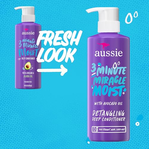 Aussie 3 Minute Miracle Moist Detangling Deep Conditioner Treatment with Avocado Oil, Paraben and Sulfate Free, 1.42 L in Total (3 Count of 475 mL Each)