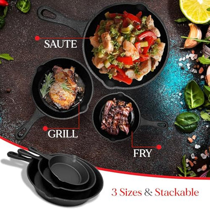NutriChef Pre-Seasoned Cast Iron Skillet Pans - 3 Pieces Kitchen Frying Pan Nonstick Cookware Set w/Drip Spout - Includes Scraper - Electric Stovetop, Induction, Gas Range, Ceramic