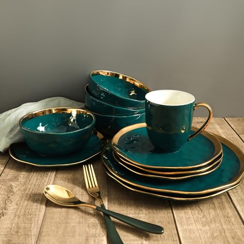 Stone Lain Gold Halo Porcelain Dinnerware Set, Service for 4, Green