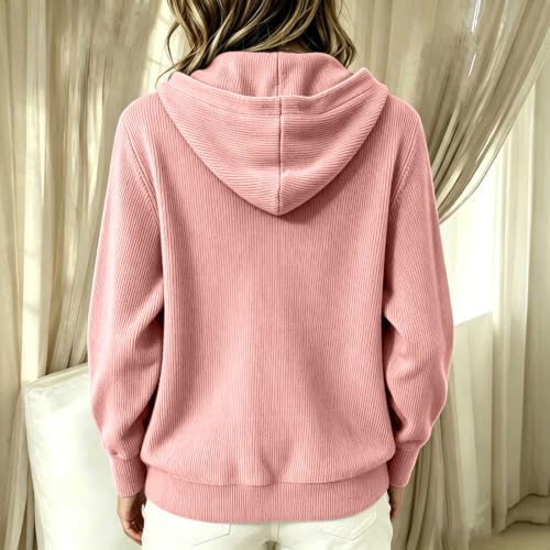 Women's Corduroy Hoodies Long Sleeve Half Button Oversized Sweatshirts Pink