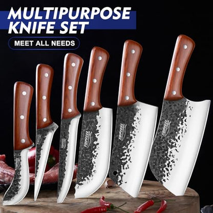 8PCS Chef Butcher Fish Knife Set for Meat Cutting with Roll Bag, Hand Forged Meat Cleaver Knife Boning Carving Knife Set for Home、Camping、BBQ
