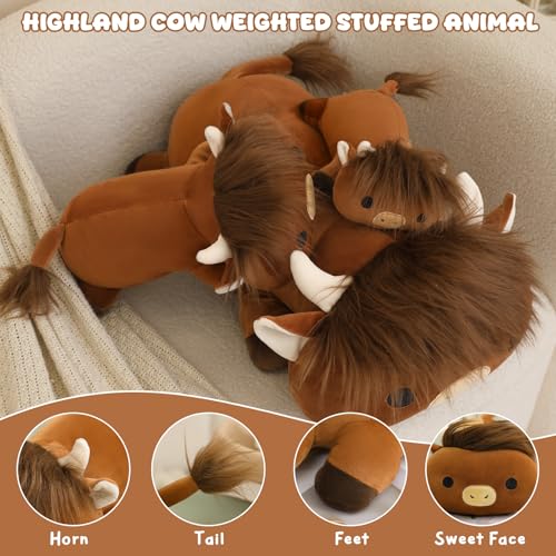 SQEQE Weighted Highland Cow Stuffed Animals, Weighted Highland Cow Plush, Cute Plushies Toy Gift for Kids Adults (9.8 Inch, 0.8 Lbs)
