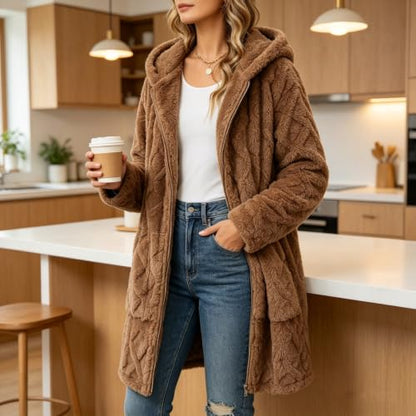 Fall Jackets for Women Jackets for Women Fuzzy Hooded Coat Mid‑Length Diamond Quilted Zip Up Plush Jacket for Home Lounging Brown S