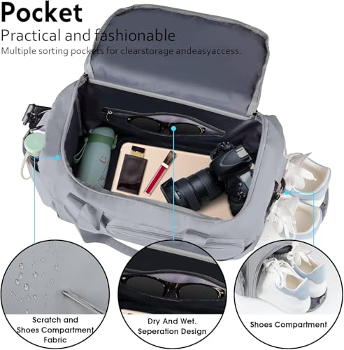 Gym Bag for Women Men, Sports Duffel Bag with Shoes Compartment, Waterproof Travel Duffle Bag with Dry Wet Separated Pocket, Overnight Carry Luggage Bag for Weekender, Sports, Gym, Travel (Grey)