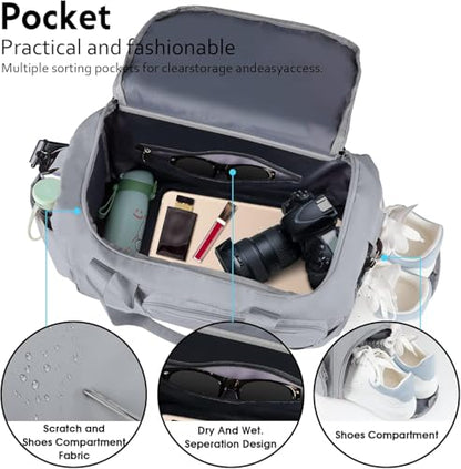 Gym Bag for Women Men, Sports Duffel Bag with Shoes Compartment, Waterproof Travel Duffle Bag with Dry Wet Separated Pocket, Overnight Carry Luggage Bag for Weekender, Sports, Gym, Travel (Grey)