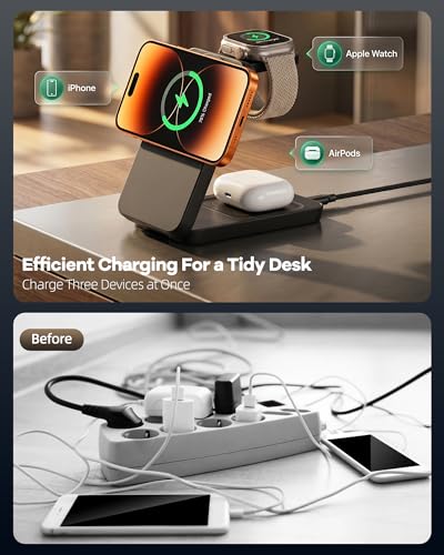 Wireless Phone Charger 15W magnetic Station charging iPhone Watch Earbuds | 3-in-1 15W Qi magnetic charging; fits MagSafe-ready Phones; foldable; LED indicator; for Watch & Earbuds