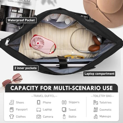 WOOMADA Weekender Overnight Bag for Women, Shoulder Travel Duffel with Shoes Compartment,Gym Bag with Toiletry Bag(Black)