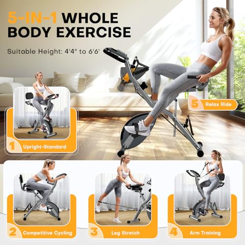 Vélo d'appartement, Vélo stationnaire 5-en-1 MOSUNY Ultra-Silencieux (10 dB), Vélo d'exercice pliable avec Résistance Magnétique Réglable sur 16 Niveaux, Vélo de cyclisme en intérieur de 159 kg pour Entraînement à Domicile