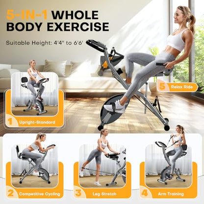Vélo d'appartement, Vélo stationnaire 5-en-1 MOSUNY Ultra-Silencieux (10 dB), Vélo d'exercice pliable avec Résistance Magnétique Réglable sur 16 Niveaux, Vélo de cyclisme en intérieur de 159 kg pour Entraînement à Domicile