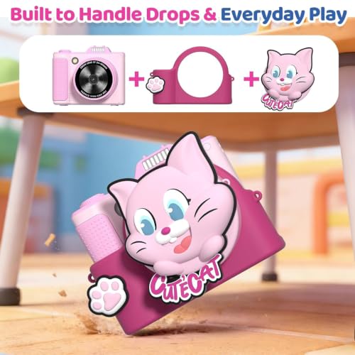 Kids Camera for Big Boys and Girls Flip Screen2.4+Telescopic Zoom 1080P Selfie Photo+Video Digital Camera for Age 5-12 with Cartoon Cover & SD Card Gift Best Chritmas Birthday Festival Gift(Pink)