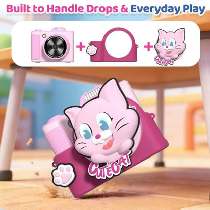 Kids Camera for Big Boys and Girls Flip Screen2.4+Telescopic Zoom 1080P Selfie Photo+Video Digital Camera for Age 5-12 with Cartoon Cover & SD Card Gift Best Chritmas Birthday Festival Gift(Pink)