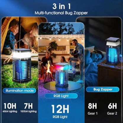 Solar LED Bug Zapper Lamp USB Rechargeable Indoor & Outdoor Use with LED Light, Portable IP66 Waterproof Electric Lamp with Hook for Patio Garden Backyard Home