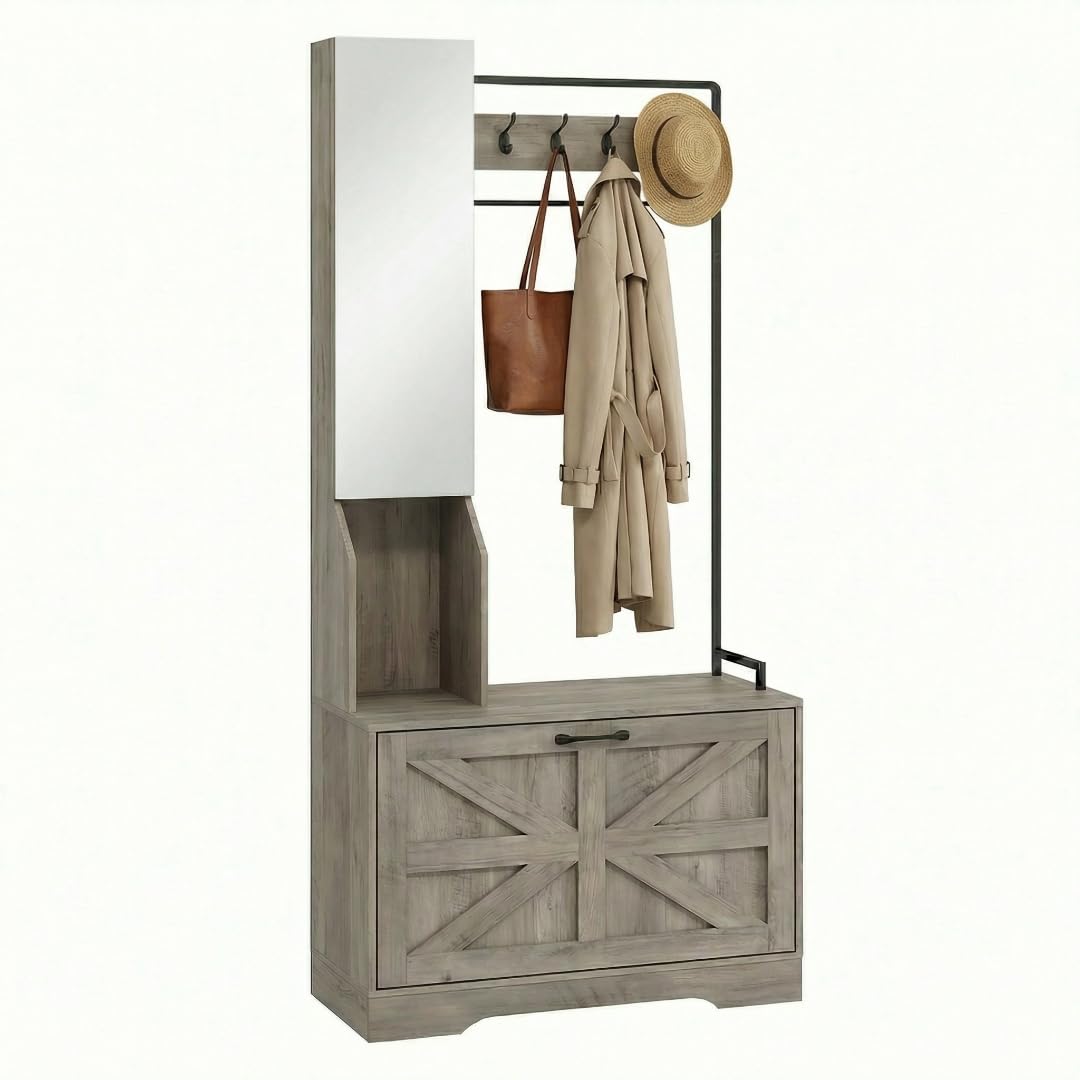 Hall Tree with Bench, Entryway Bench with Mirror and Shoe Rack, Grey