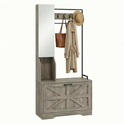 Hall Tree with Bench, Entryway Bench with Mirror and Shoe Rack, Grey