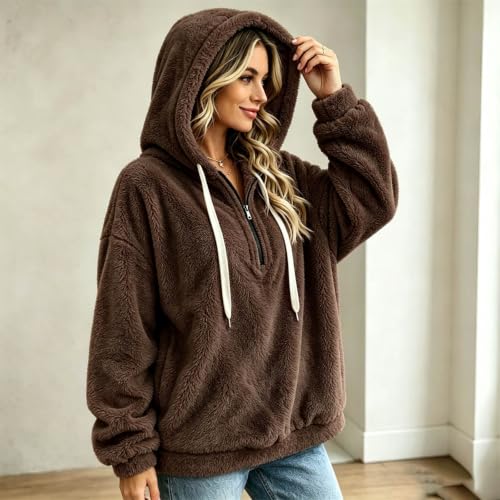 Zip Up Hoodie Hoodies for Women Fall Warm Jacket with Pocket Brown