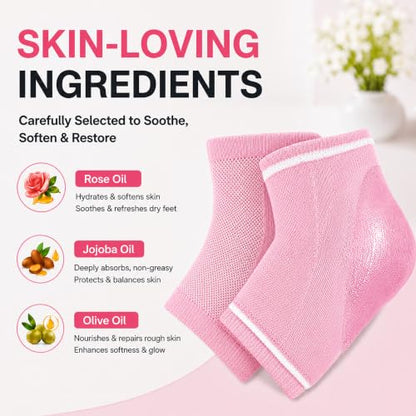 Moisturizing Socks Women, Heel Socks for Dry Cracked Feet, 100% Cotton Gel Socks for Overnight Hydration – Deep Moisturizing Foot Socks with Rose, Jojoba & Olive Oils, Pink, 2 Pairs