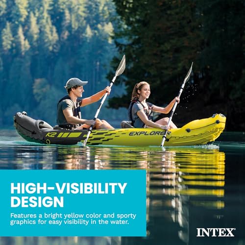 INTEX 68307EP Explorer K2 Inflatable Kayak Set: Includes Deluxe 86in Aluminum Oars and High-Output Pump – SuperStrong PVC – Adjustable Seats with Backrest – 2-Person – 400lb Weight Capacity