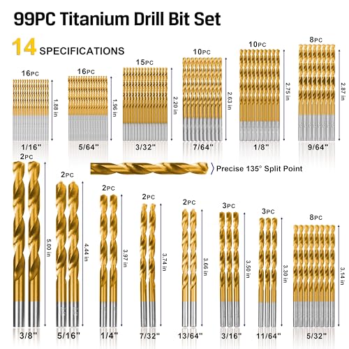 Hurricane 99 Pieces Titanium Twist Drill Bit Set, 135 Deg Tip High Speed Steel, Size from 1/16 Inch up to 3/8 Inch, Ideal Drilling in Wood/Cast Iron/Aluminum Alloy/Plastic/Fiberglass, with Hard Storage