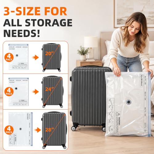 Vacuum Storage Bags for Travel with Rechargeable Pump, 12 Pack, 3 Sizes | Reusable vacuum sealer bags for clothes, luggage, suitcase and closet storage; clear front for easy viewing and opaque back