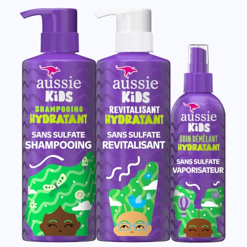 Aussie Kids Moisturize and Detangle Set: Shampoo, Conditioner and Detangling Spray, Sulfate, Paraben, Dye Free, Designed for Kids, 475 mL, 475 mL, 236 mL