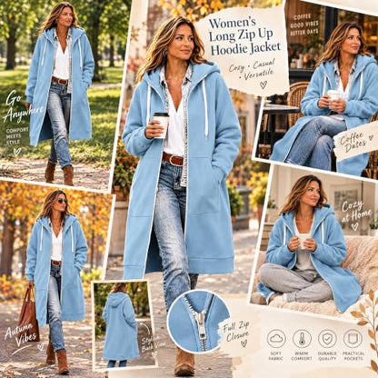 Zip Up Fleece Hoodie Women Long Womens Jacket Long Hoodies for Women Plus Size Zip Up Jacket with Hood Knee Length Cardigan Coat Casual Fleece Sweatshirt Full Zipper Light Blue,XL