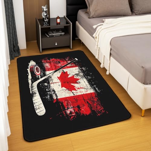 Feelyou Kids Ice Hockey Area Rug 3x5 Canada Flag Living Room Rugs for Boys Girls Winter Sports Decorative Carpet Indoor Floor Mat