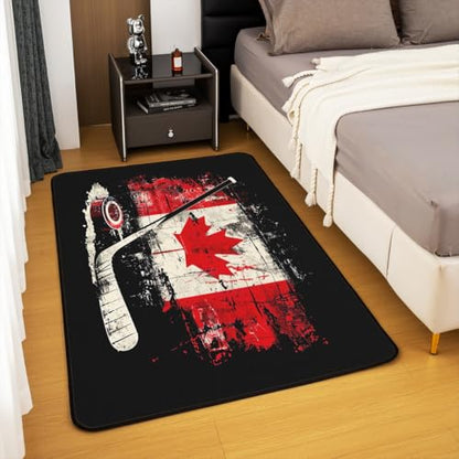 Feelyou Kids Ice Hockey Area Rug 3x5 Canada Flag Living Room Rugs for Boys Girls Winter Sports Decorative Carpet Indoor Floor Mat