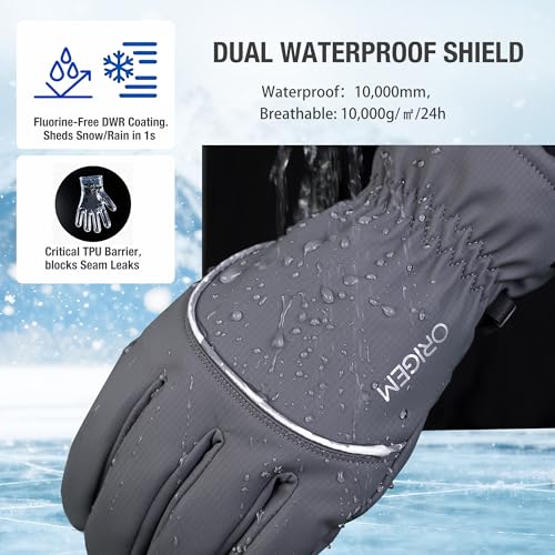 Origem Warm Waterproof Winter Gloves for Men Women, 3M Thinsulate Fleece | Polar Fleece Thermal Gloves with Reflective Touchscreen Design for Skiing, Running, Cycling, Hiking and Cold-Weather Driving