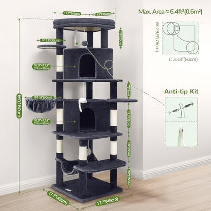 Globlazer Corner Stable Cat Tree Tower for Indoor Large Cats, Dark Grey | 66in Tall Curved Series Large Cat Condo with 6 Sisal Scratching Posts, 2 Spacious Caves, Large Hammock, Hanging Basket, C66
