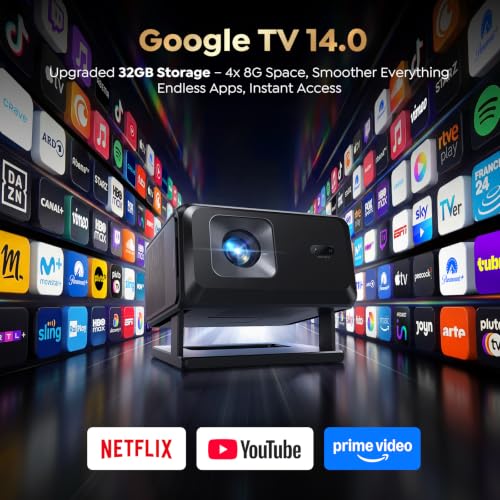 Smart Projector 4K【Upgraded Google TV 14.0 & Dolby】Short Throw Mini Projectors with Auto Focus & Keystone|Compatible with Netflix|HDR10,Portable Outdoor Projecteur with WiFi & Bluetooth for Movie/Home