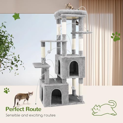 Globlazer Cat Tower for Indoor Cats, 61inch Heavy Duty Cat Trees for Large Adult Big Cats Maine Coon Cat Tree Tower with Scratching Post, Extra Large Top Perch, Cat Condos, F61, Light Grey