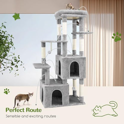 Globlazer Cat Tower for Indoor Cats, 61inch Heavy Duty Cat Trees for Large Adult Big Cats Maine Coon Cat Tree Tower with Scratching Post, Extra Large Top Perch, Cat Condos, F61, Light Grey
