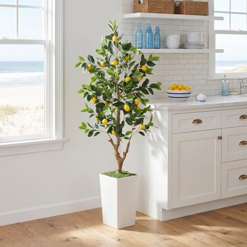 PHYTREE 5FT Artificial Lemon Tree with White Tall Planter & Fruits