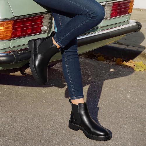 DREAM PAIRS Women's Chelsea Ankle Boots,Black/Pu,7 | Fall Booties,Round Toe,Slip-On,Comfortable,for Fall Winter Outdoor Walking,Office Work,Casual and Daily