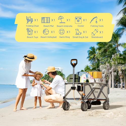 LiTHELi Electric Utility Wagon Cart, 200L Capacity, 300 lbs Load, Foldable Heavy-Duty Design with All-Terrain Wheels, Variable Speed Drive & Battery Power for Camping, Beach, Garden & Shopping