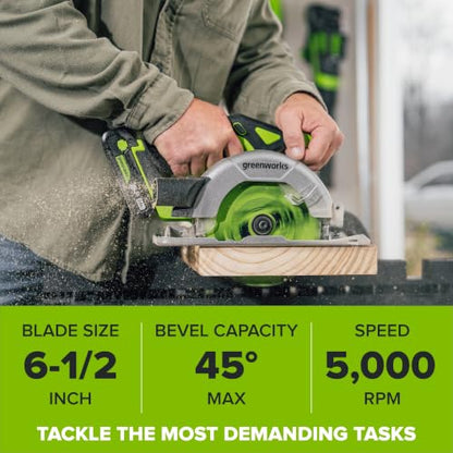 Greenworks 24V Cordless Brushless Combo 400 in-lbs Drill/Driver +1950 in-lbs Impact Driver +6.5" Circular Saw +200LM Flashlight, 2.0Ah + 4.0Ah Batteries (24,000mAh Power Bank) and 65W USB-C Charger