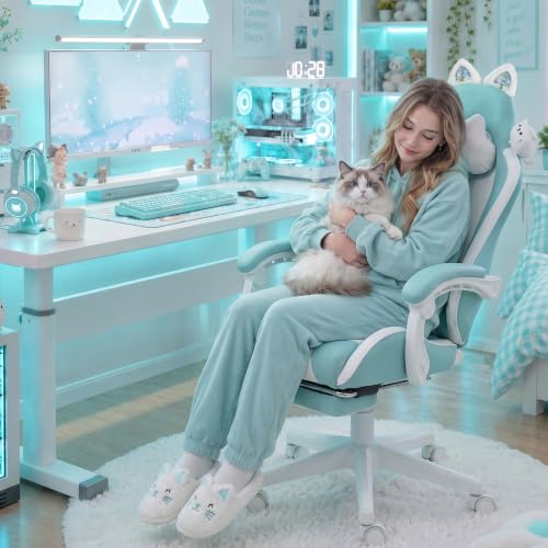Dowinx Cat Ear Gaming Chair for Adults, Ergonomic Computer Chair with Massage Lumbar Support, Reclining Gamer Chair with Footrest and Headrest, 290 lbs