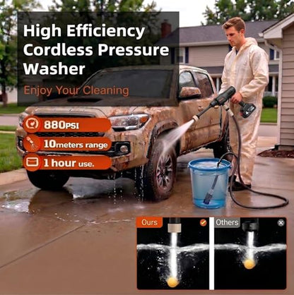 880PSI Portable Cordless Pressure Washer, 2 * 4.0Ah Power Batteries for 60 Mins Use, 10M Frost-Proof Hose, 6-in-1 Nozzle, Tap Adapter for Car Washing, Patio, Bike, Fence, Boat, Pet, Deck