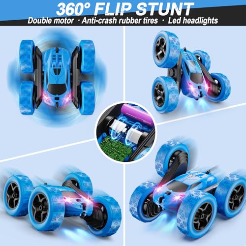 QUNREDA Remote Control Car for Kids Ages 6+, RC Cars Stunt Car Toy 4WD Double Sided 360° Rotating Remote Control with Headlights, Birthday Xmas Gifts for Boys 6 7 8 9 10 11 12 1-Blue